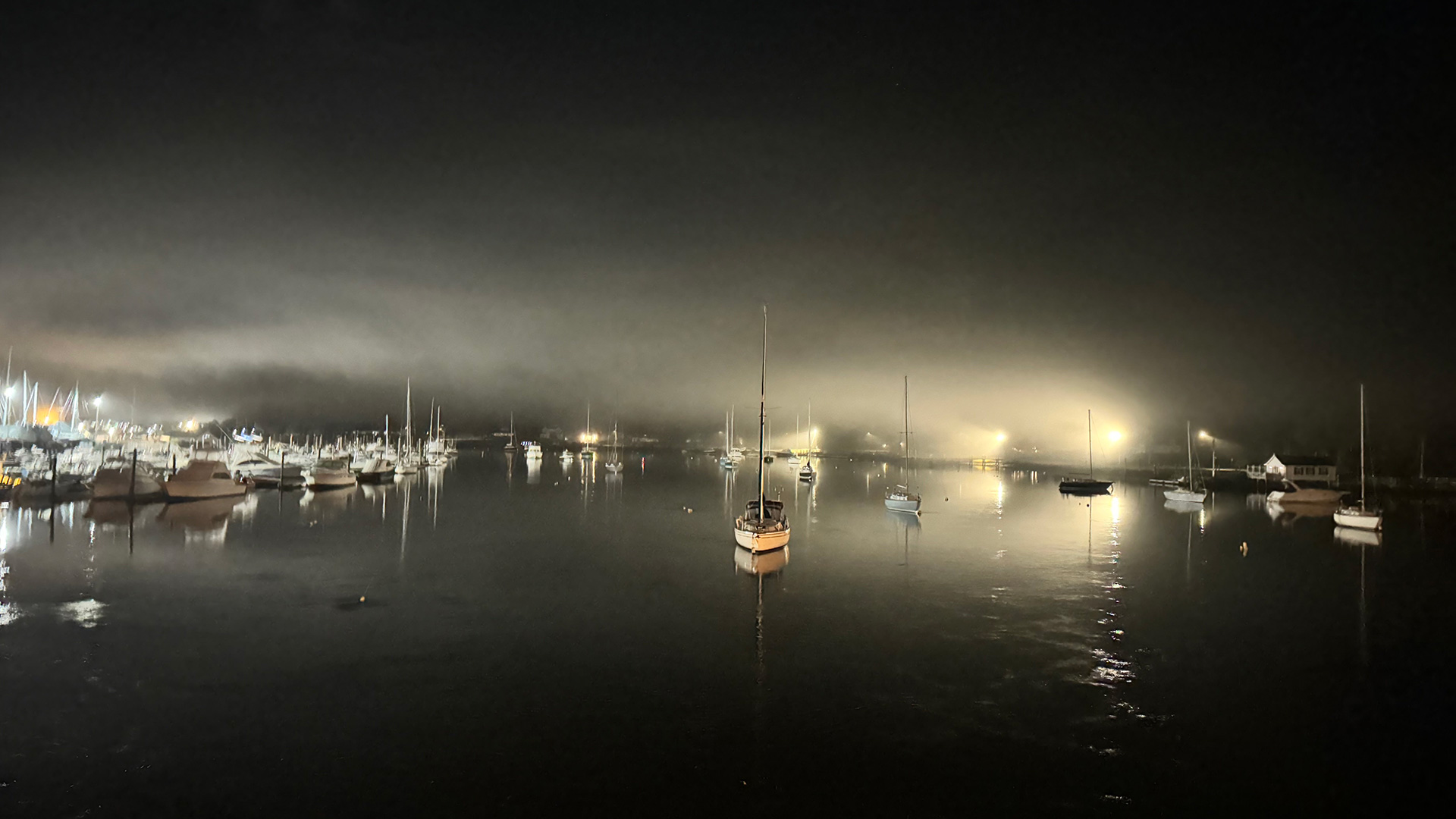 sailboats in harbor at dusk